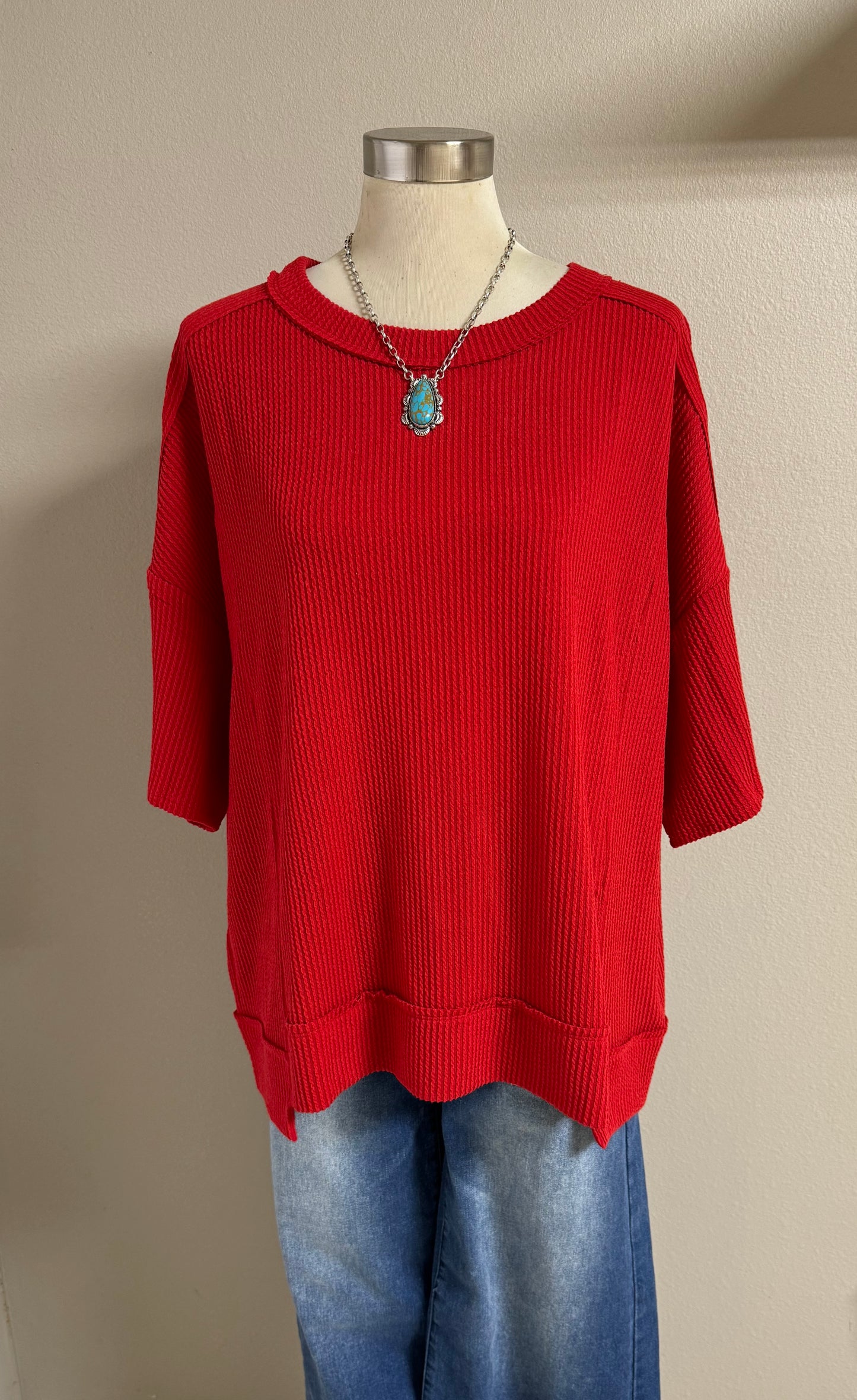 The Red Ribbed Oversized Top