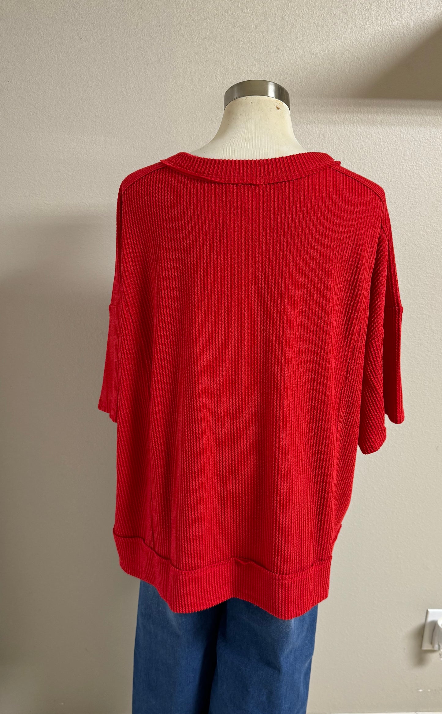 The Red Ribbed Oversized Top