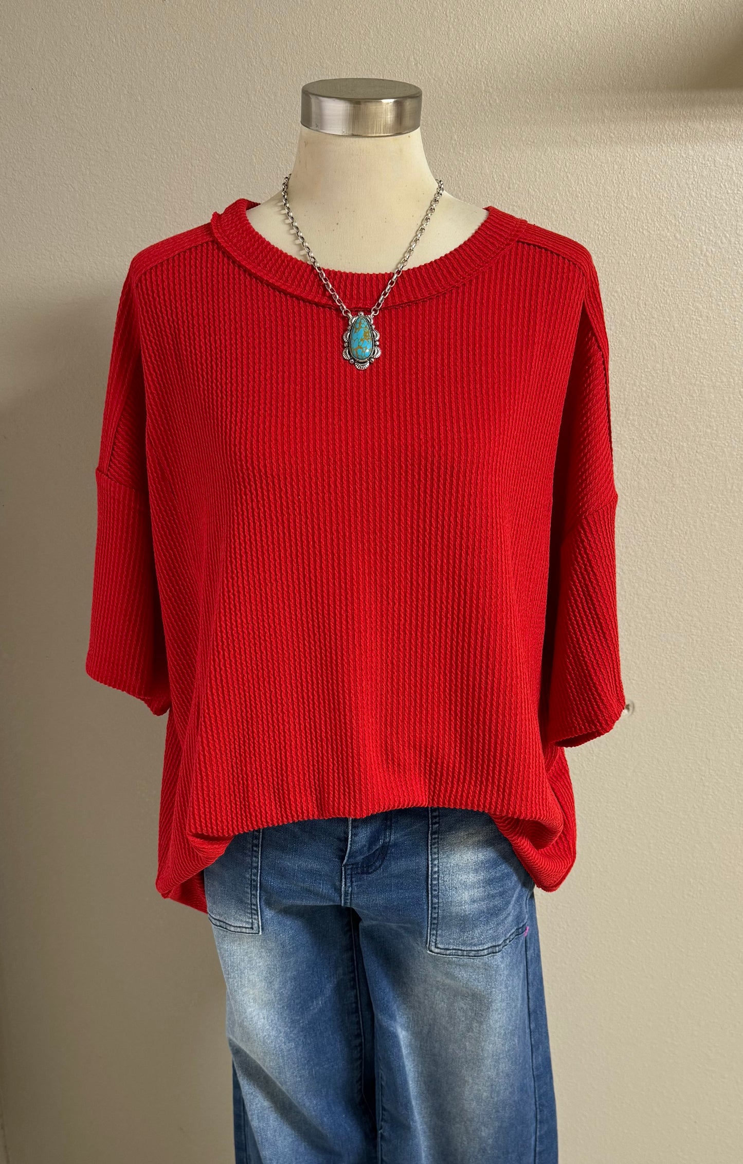 The Red Ribbed Oversized Top