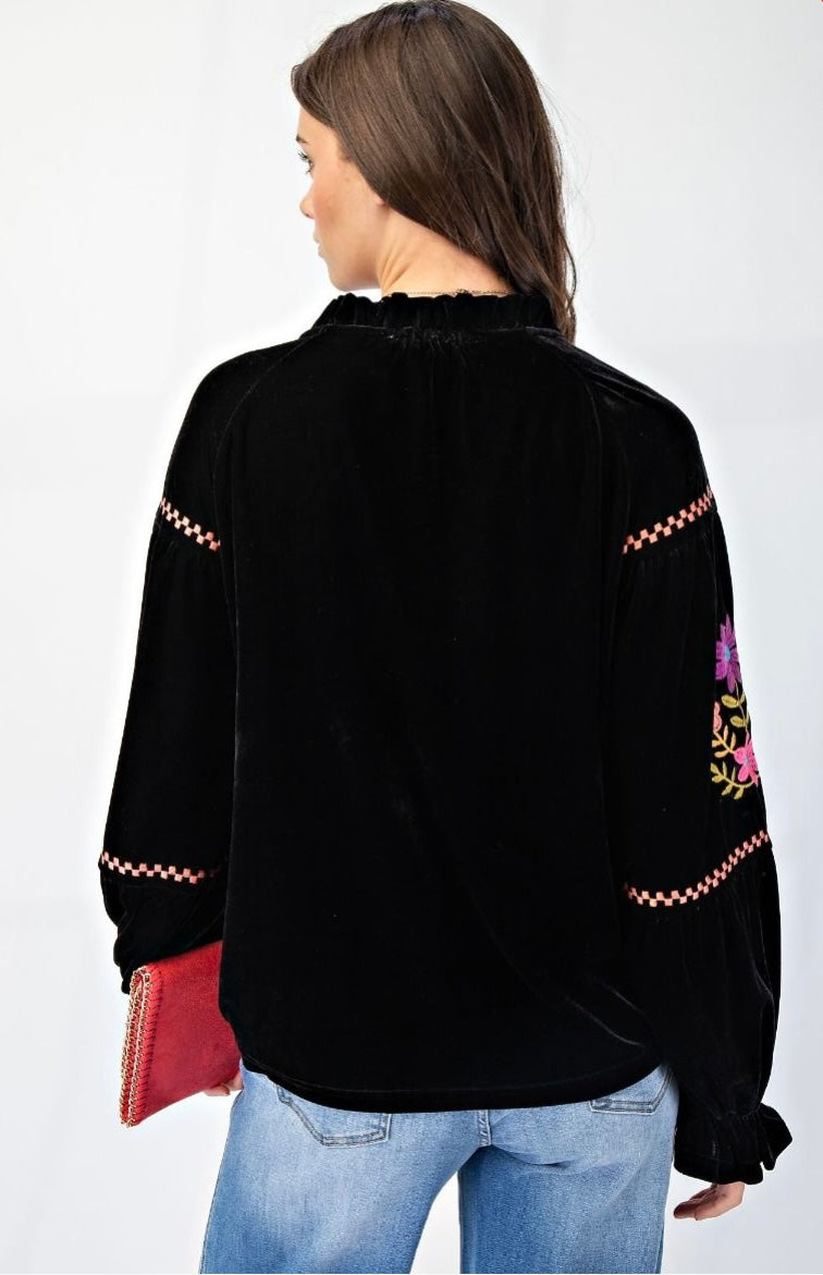 The Black Embroidered Velvet Top