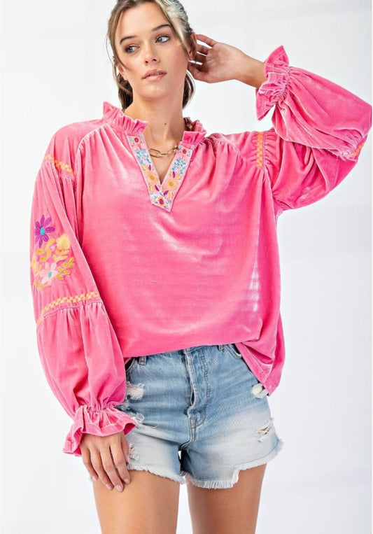 The Pink Embroidery Velvet Top