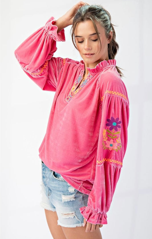 The Pink Embroidery Velvet Top